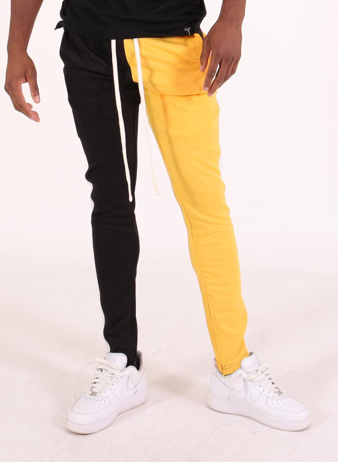 -P41110 Mens Hip Hop Premium Slim Fit Track Pants - Athletic Jogger Half Color Block Bottom with Side Taping-Black/Gold-Small