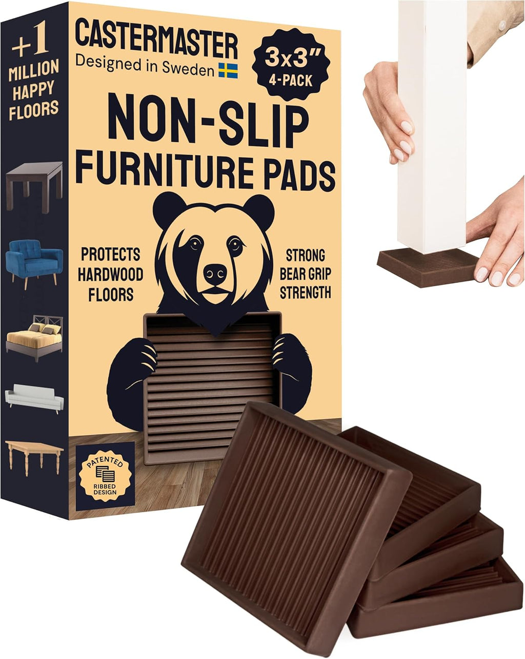 Non-Slip Rubber Furniture Pads - 3 in X 3 in Set of 4 Brown - Floor Protectors for Hardwood Floors & Chairs - Grippers & Rubber Feet for Furniture