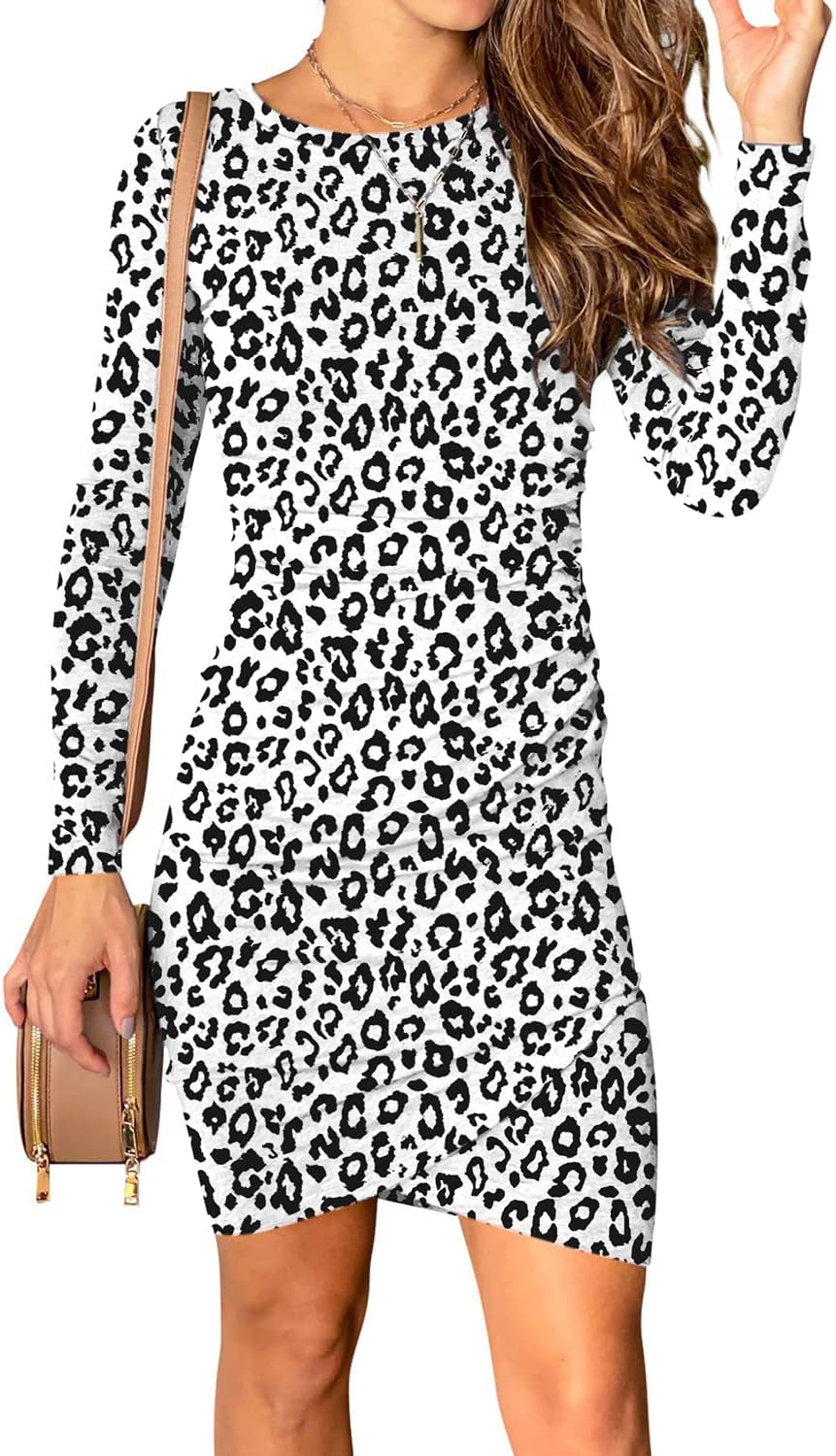 Women 2023 Long Sleeve Elegant Ruched Bodycon Wrap Casual Irregular Hem Short Dress