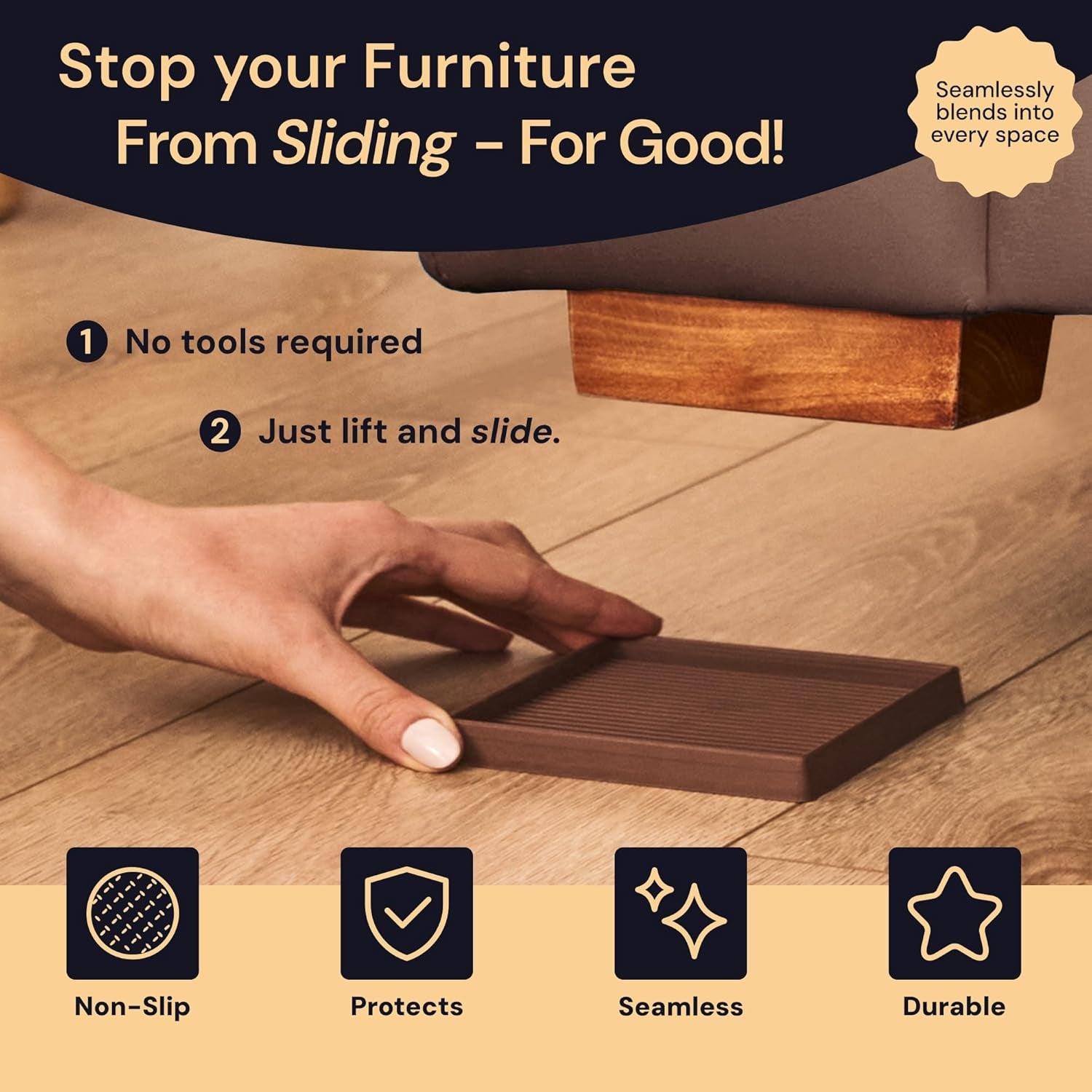 Non-Slip Rubber Furniture Pads - 3 in X 3 in Set of 4 Brown - Floor Protectors for Hardwood Floors & Chairs - Grippers & Rubber Feet for Furniture