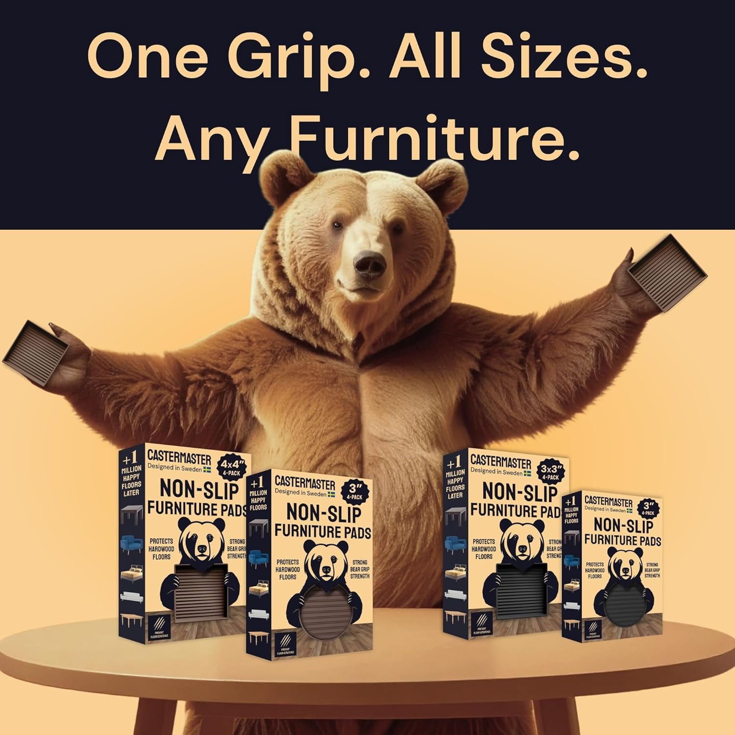 Non-Slip Rubber Furniture Pads - 3 in X 3 in Set of 4 Brown - Floor Protectors for Hardwood Floors & Chairs - Grippers & Rubber Feet for Furniture